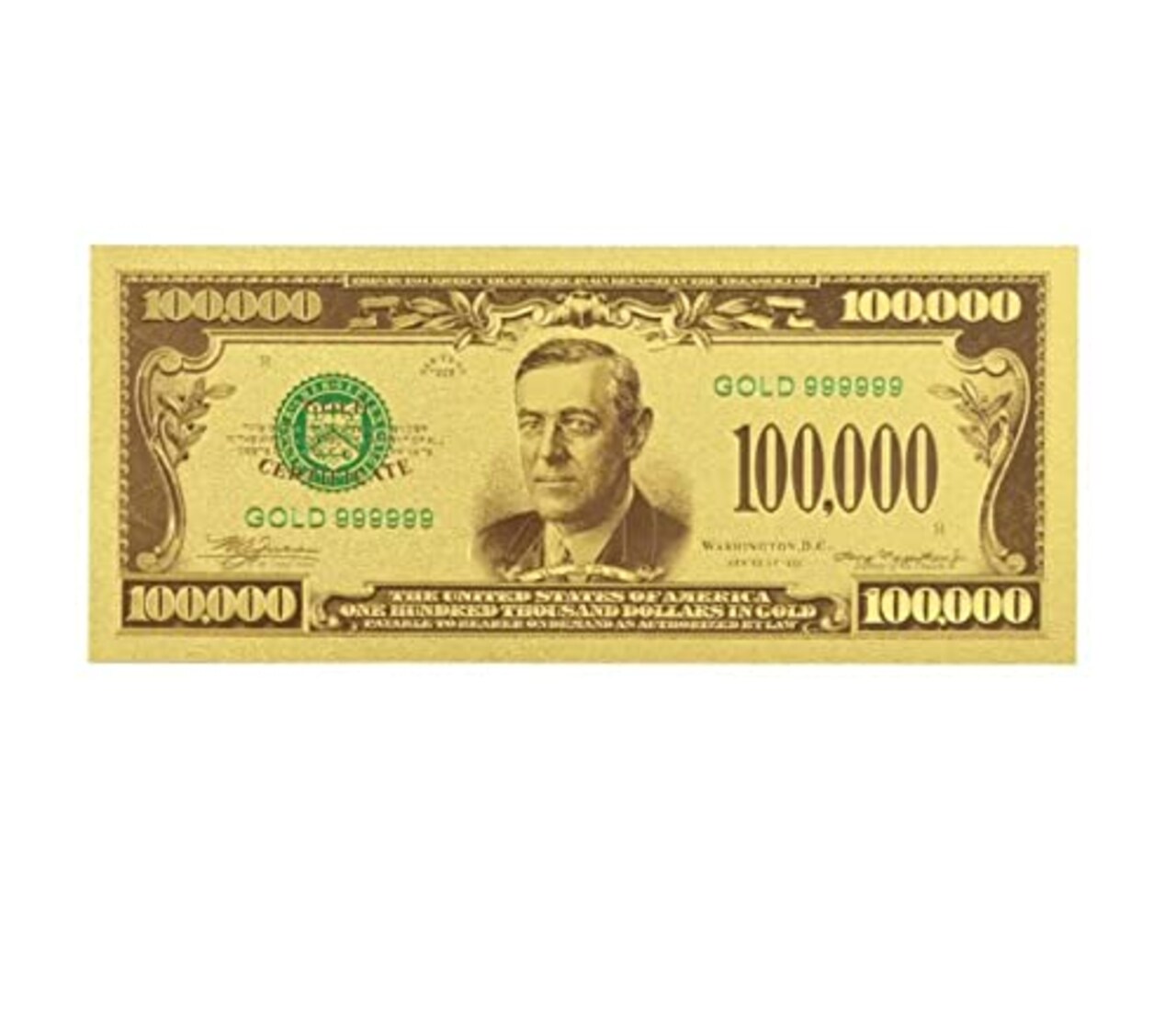 One Hundred Thousand US Dollars 24K Gold Plated Collectible Fake Banknotes for Decoration